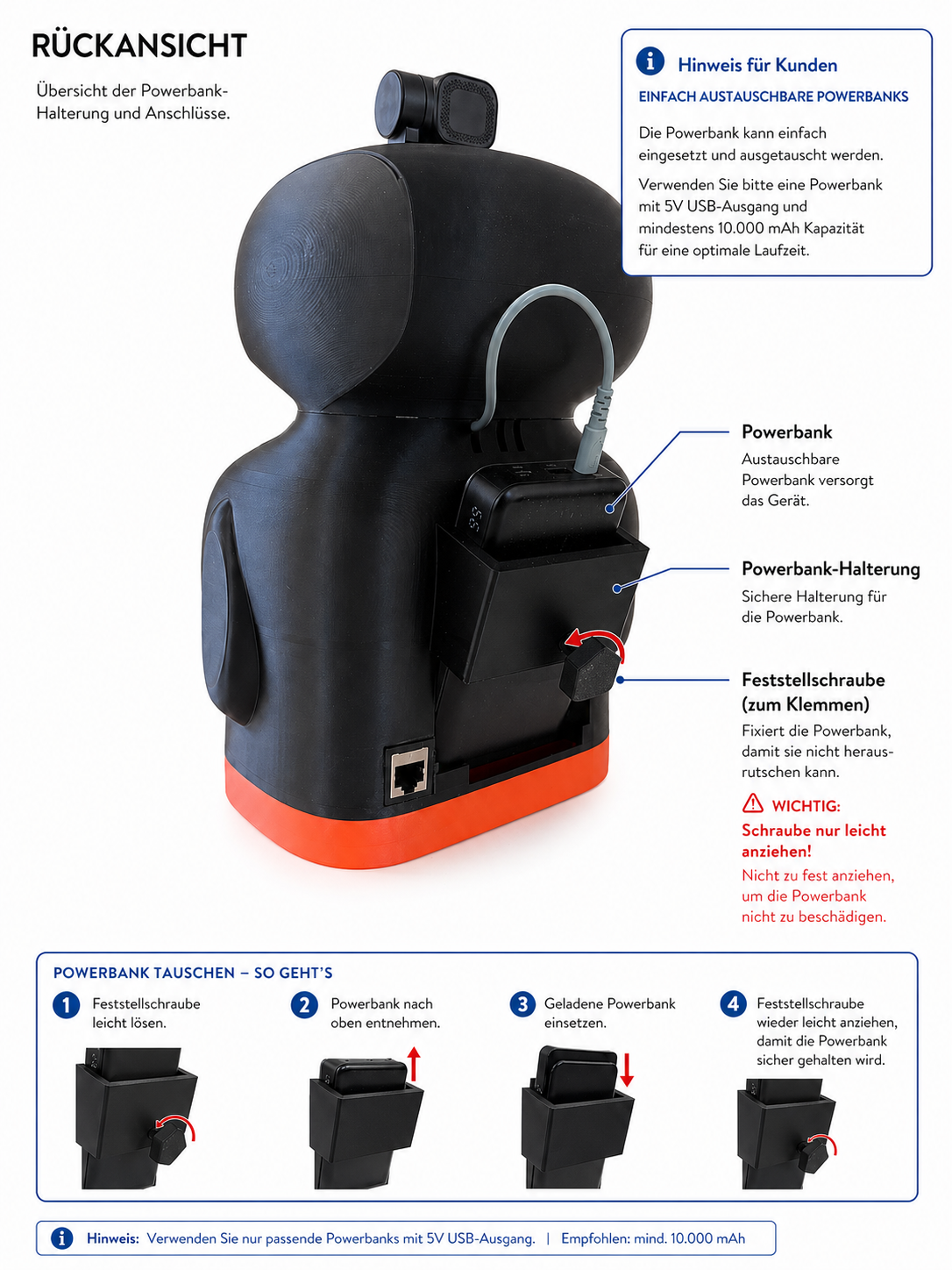 Beschriftete R&uuml;ckansicht von Avapingu mit Powerbank, USB-C-Kabel, LAN-Anschluss und Feststellschraube