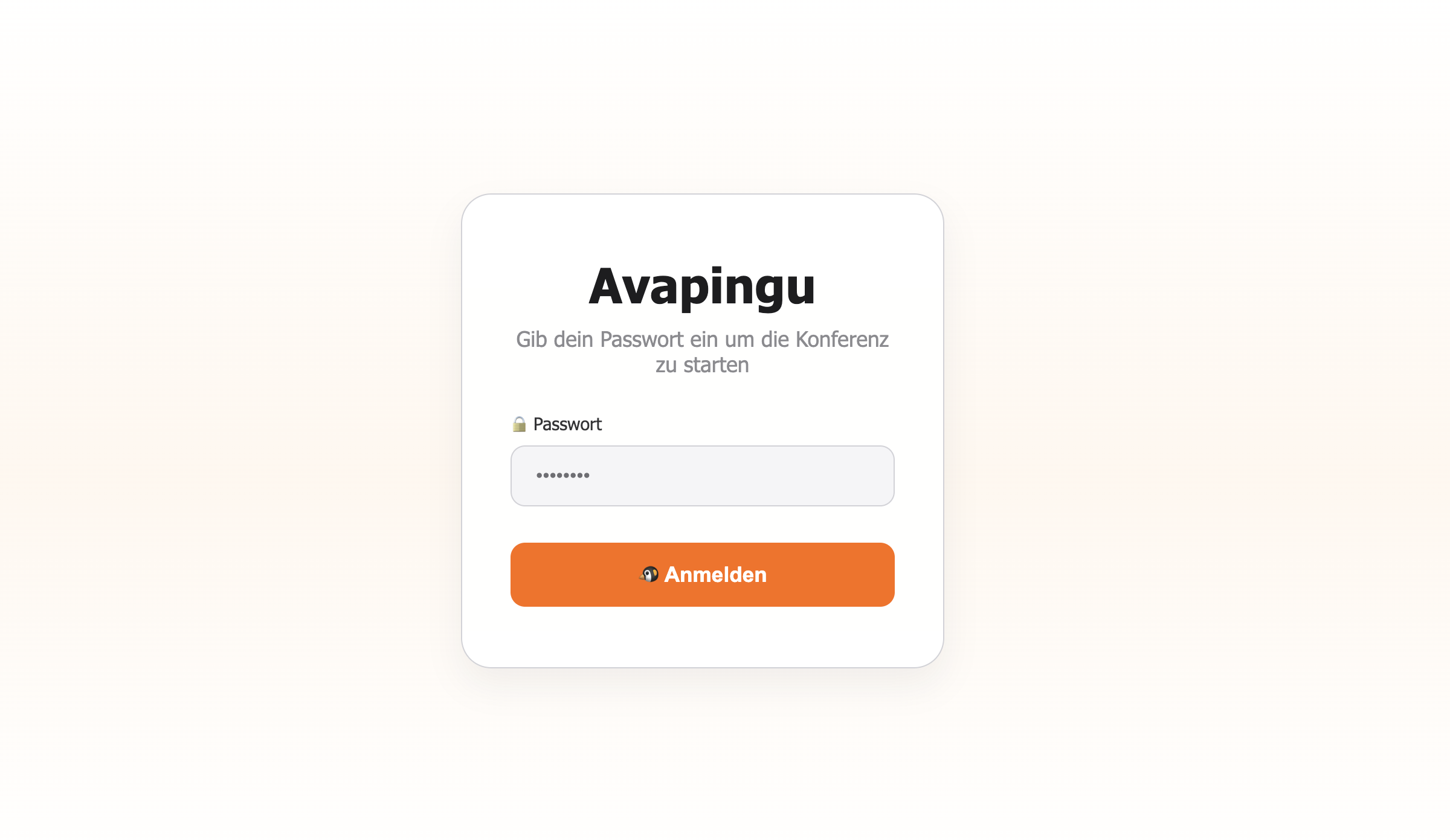 Login-Seite der Avapingu-Konferenz mit Passwortfeld und Anmelden-Schaltfläche