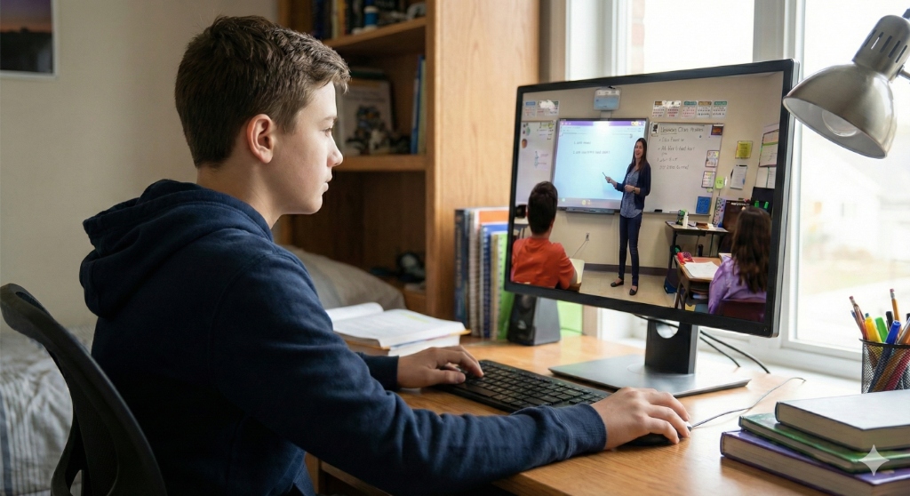 Junge lernt von zuhause am Schreibtisch